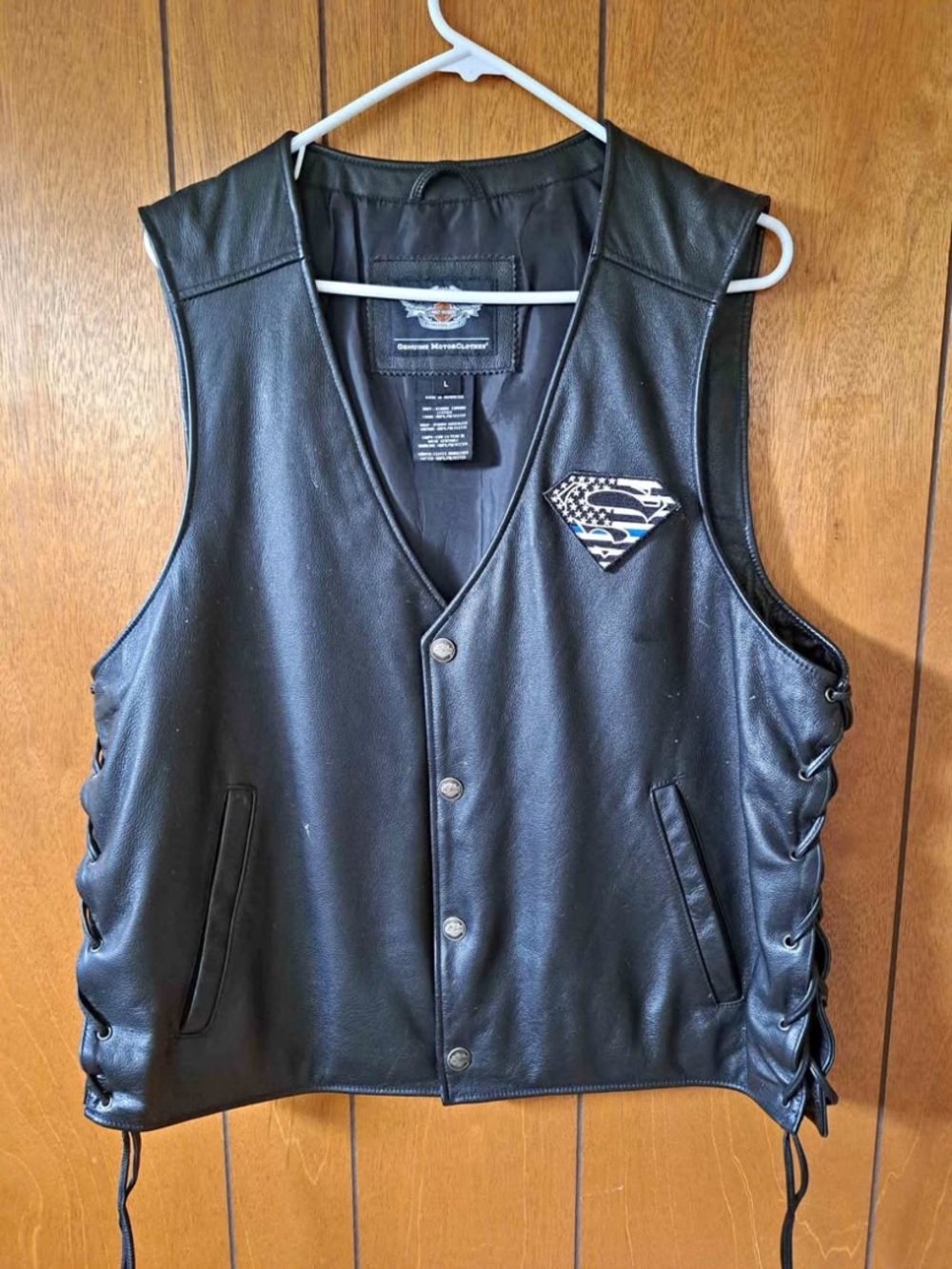 Harley-Davidson Black Leather Biker Vest with Flag Patch